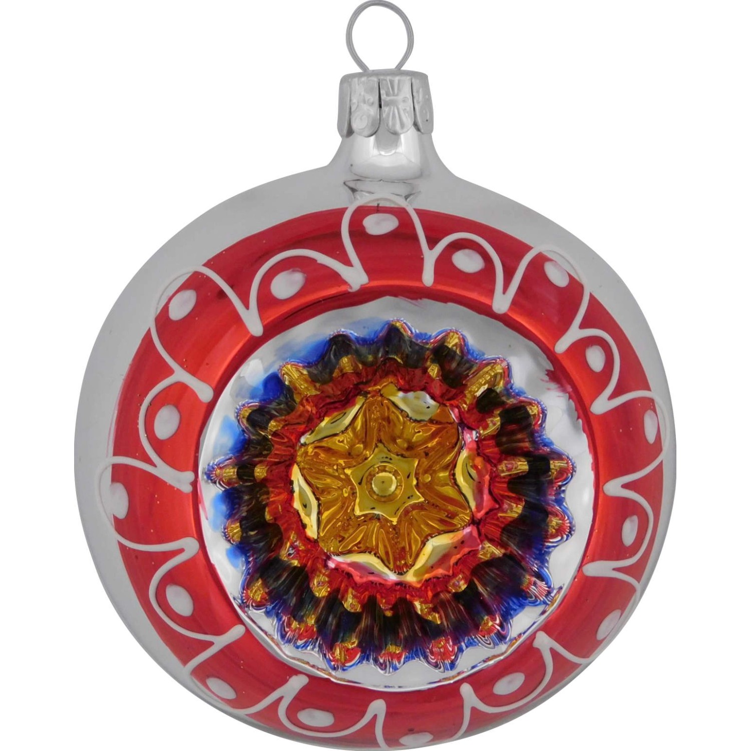 Ornex Vánoční ozdoba skleněná koule s červeným dekorem stříbrná, 8 cm