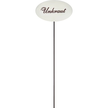 Smetanově bílý smaltovaný štítek na bylinky "Unkraut" z kovu, výška 30 cm, pro záhony a květináče.