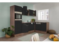 Respekta Kuchyně Oliver L černá/dub 280 cm-trouba/skl.d.(2)/dig.(2)/myčka/led.