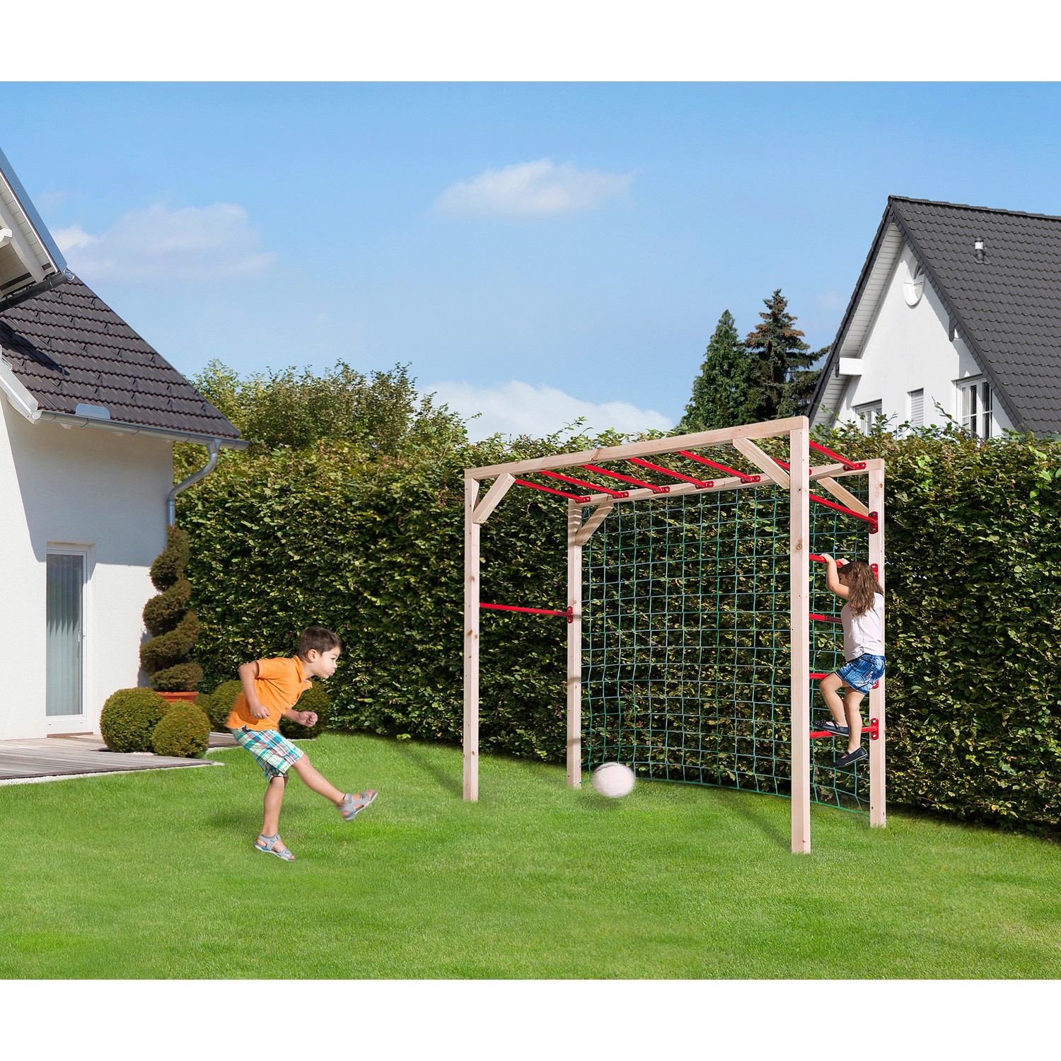 Weka Prolézačka s brankovou sítí Tabaluga, přírodní/červená, 210 x 103 x 217 cm