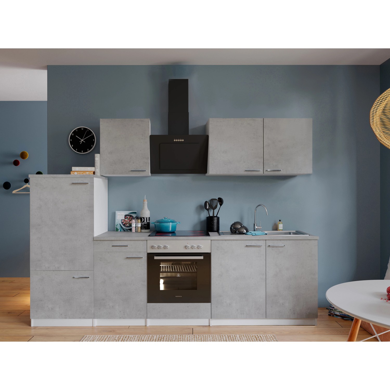 Respekta Kuchyně Malia beton/beton 270 cm - skloker.deska/šikmá digestoř/lednice