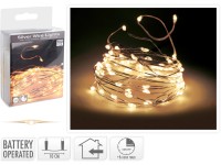 LED světelný řetěz na baterie 100 LED teplá bílá, stříbrný drát, 500 cm