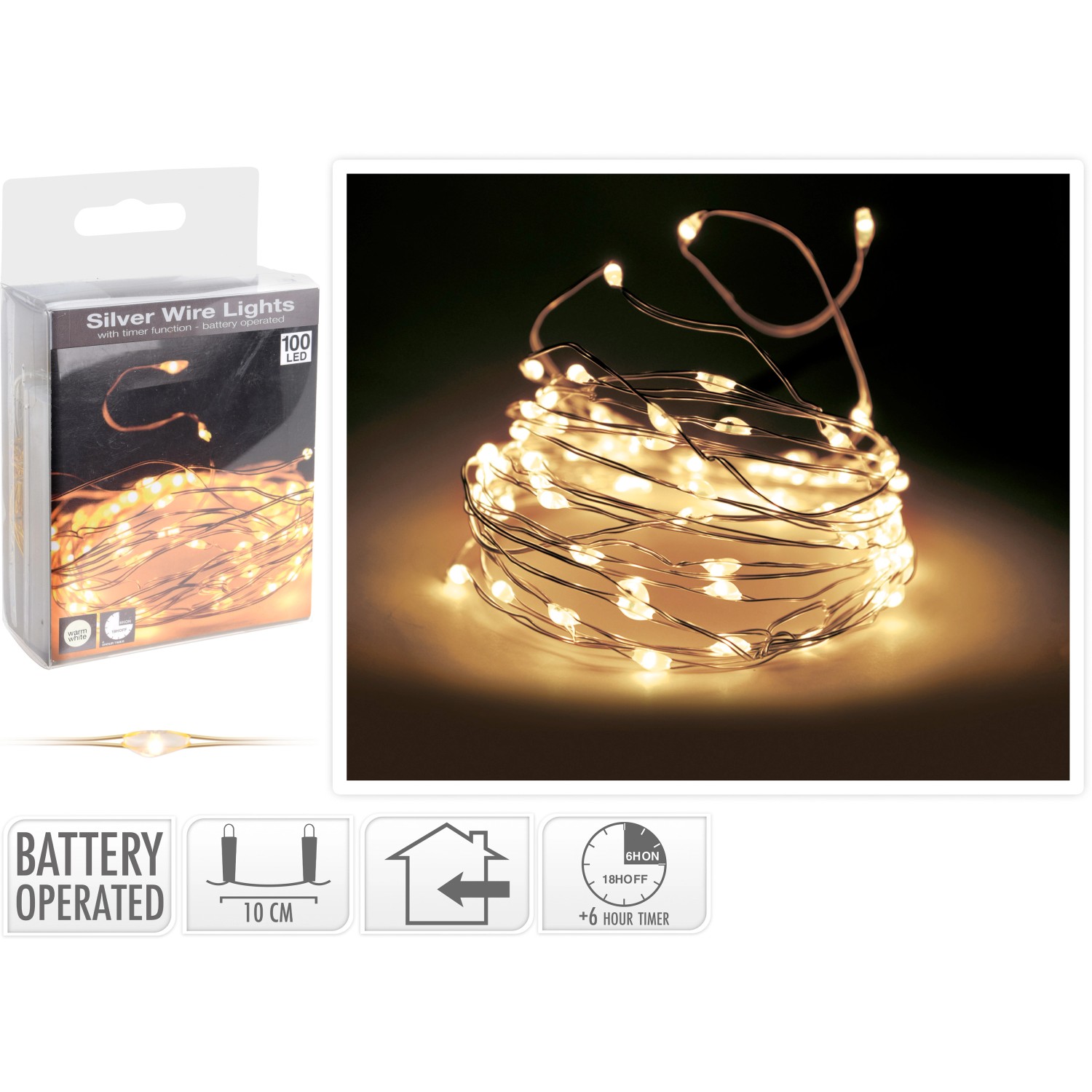 LED světelný drát 100 LED teplá bílá na baterie stříbrný